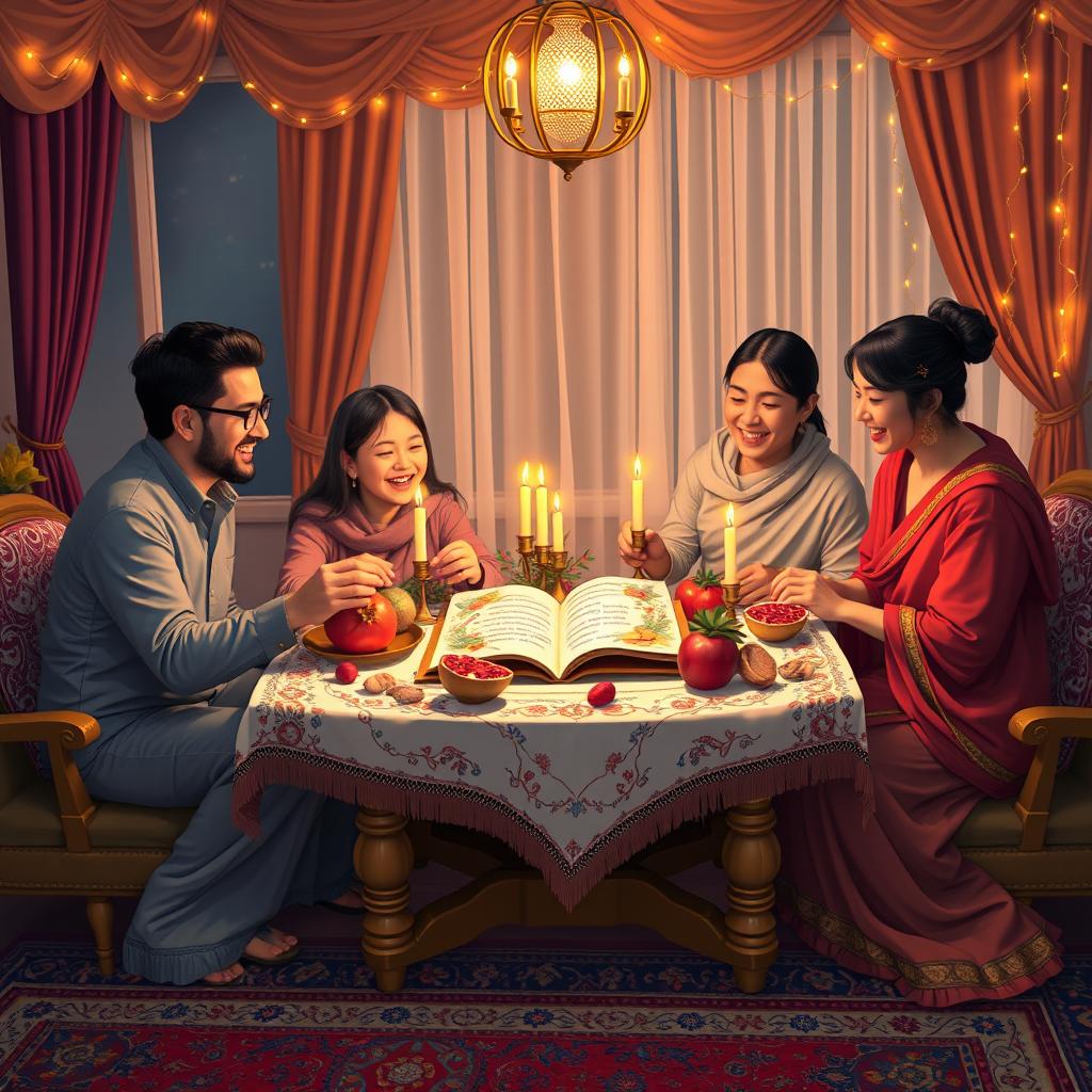 A warm and inviting scene depicting a happy Iranian family celebrating Yalda night in a beautifully decorated living room