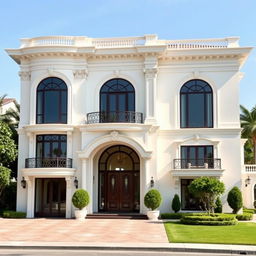 A luxurious two-story villa exterior resembling a palace, featuring beautiful large windows