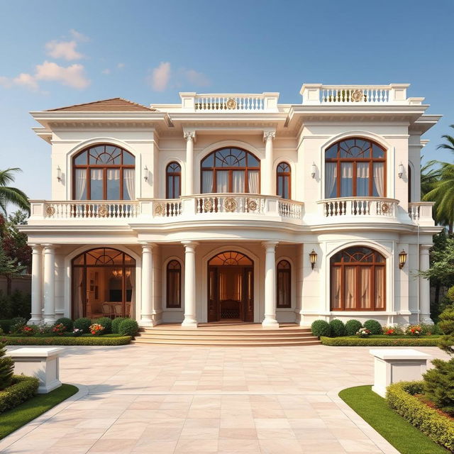 A luxurious two-story villa exterior resembling a palace, featuring beautiful large windows