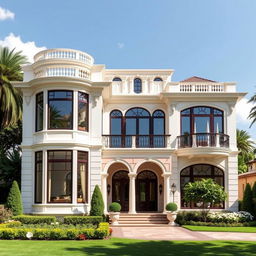 A luxurious two-story villa exterior resembling a palace, featuring beautiful large windows