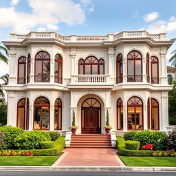 A luxurious two-story villa exterior resembling a palace, featuring beautiful large windows