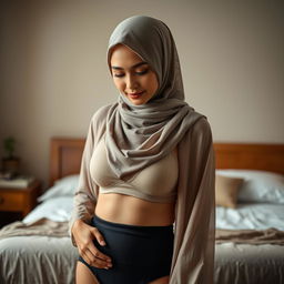 A portrait of a Malay matured woman wearing a hijab, styled elegantly, and dressed in a simple bra and dark panties