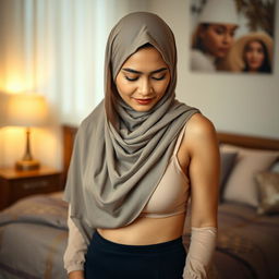 A portrait of a Malay matured woman wearing a hijab, styled elegantly, and dressed in a simple bra and dark panties