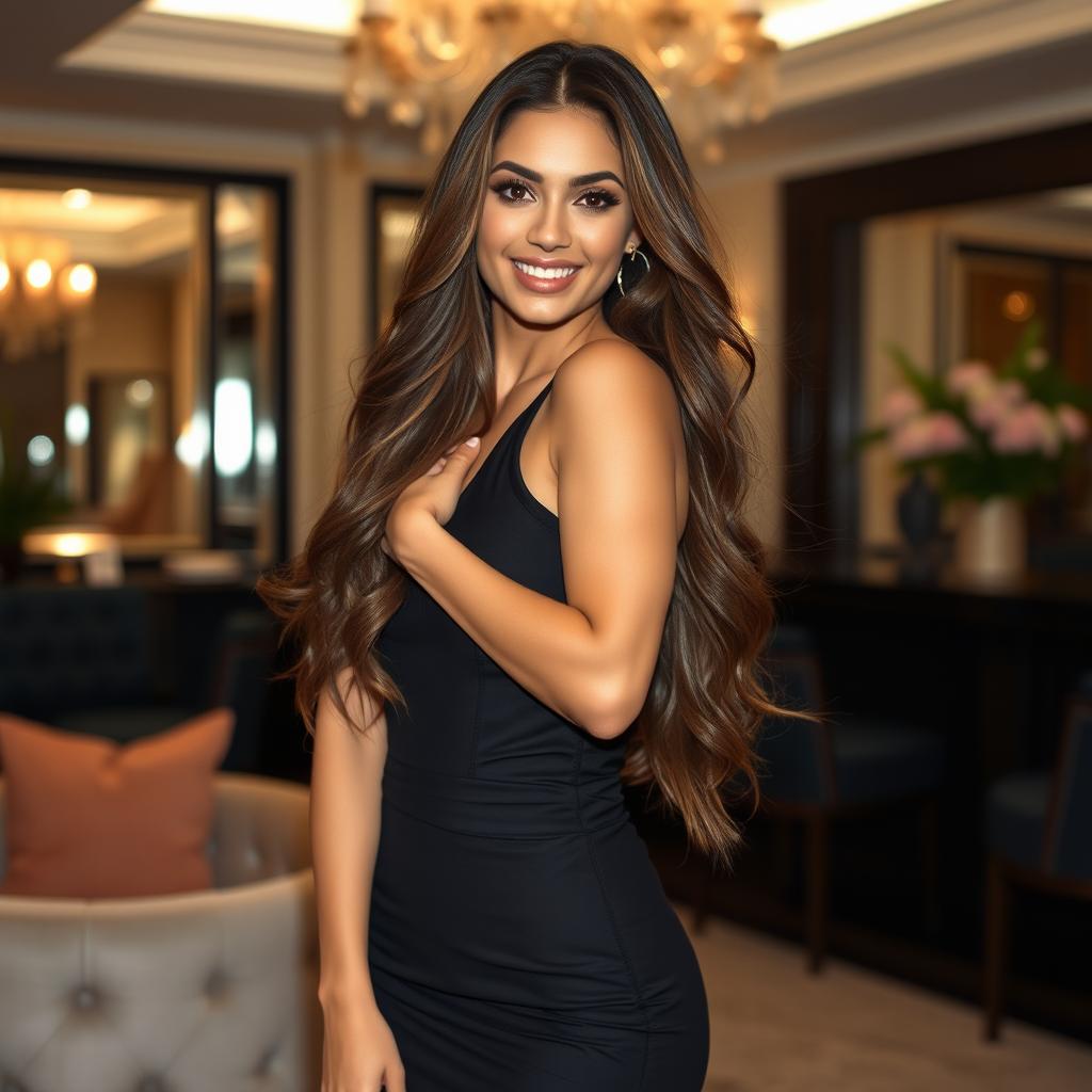 A stunningly attractive woman with long flowing hair, dressed in a stylish form-fitting little black dress, exuding confidence and charm