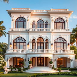 A luxurious two-story villa exterior set in Iran, resembling a palace, with beautiful large windows