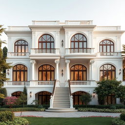 A luxurious two-story villa exterior set in Iran, resembling a palace, with beautiful large windows