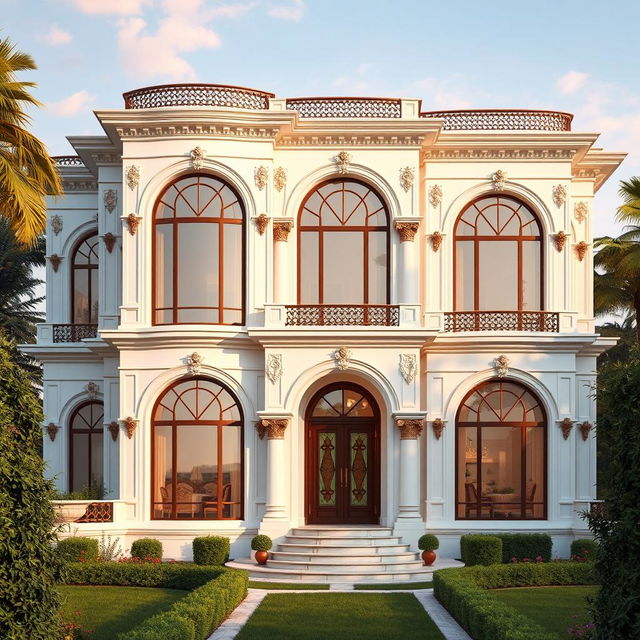 A luxurious two-story villa exterior set in Iran, resembling a palace, with beautiful large windows