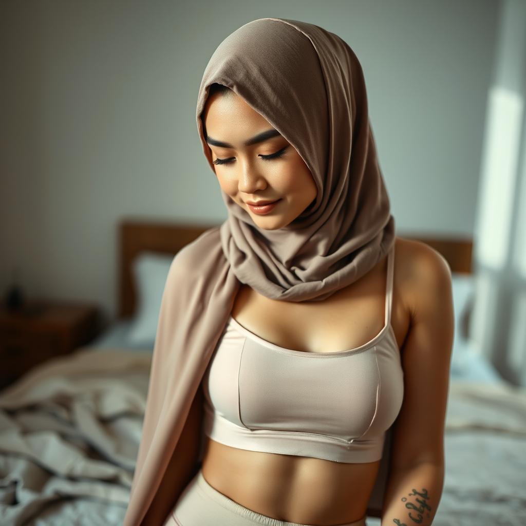 A captivating portrait of a Malay woman in hijab, wearing a simple soft bra and matching panties