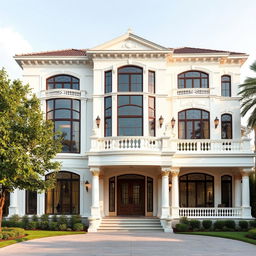 The exterior view of a beautiful two-story villa that resembles a palace, featuring large and elegant windows