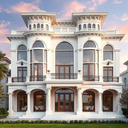 The exterior view of a beautiful two-story villa that resembles a palace, featuring large and elegant windows