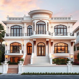 The exterior view of a beautiful two-story villa that resembles a palace, featuring large and elegant windows
