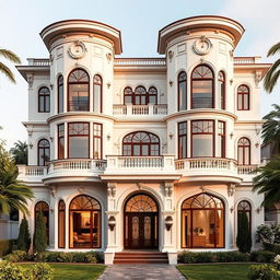 The exterior view of a beautiful two-story villa that resembles a palace, featuring large and elegant windows