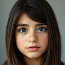 A portrait of a beautiful 16-year-old Iranian girl with medium-length hair and deep brown eyes, enhanced by long eyelashes