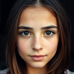 A portrait of a beautiful 16-year-old Iranian girl with medium-length hair and deep brown eyes, enhanced by long eyelashes