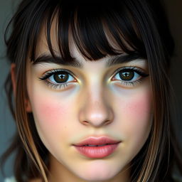 A portrait of a beautiful 16-year-old Iranian girl with medium-length hair and deep brown eyes, enhanced by long eyelashes