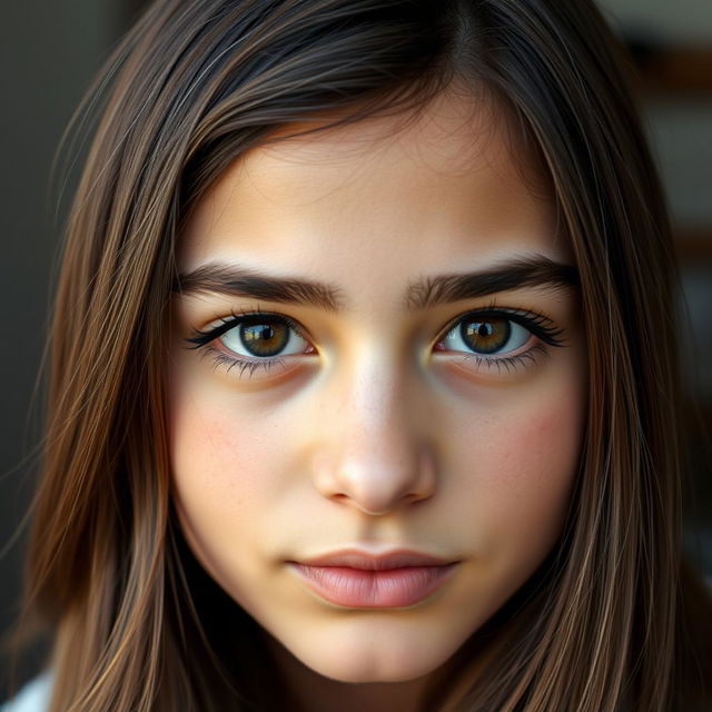 A portrait of a beautiful 16-year-old Iranian girl with medium-length hair and deep brown eyes, enhanced by long eyelashes