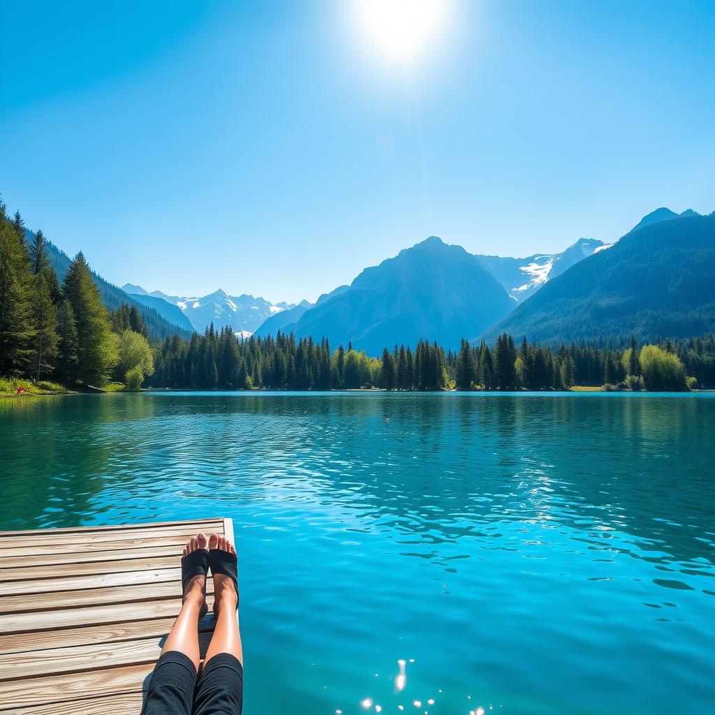 A beautiful serene landscape featuring a peaceful lake surrounded by lush green trees under a clear blue sky, with soft sunlight glistening on the water