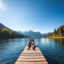 A beautiful serene landscape featuring a peaceful lake surrounded by lush green trees under a clear blue sky, with soft sunlight glistening on the water