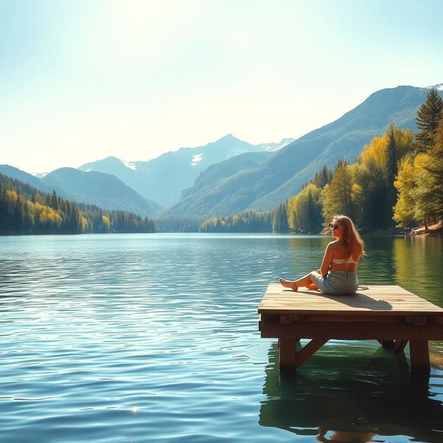 A beautiful serene landscape featuring a peaceful lake surrounded by lush green trees under a clear blue sky, with soft sunlight glistening on the water