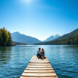 A beautiful serene landscape featuring a peaceful lake surrounded by lush green trees under a clear blue sky, with soft sunlight glistening on the water