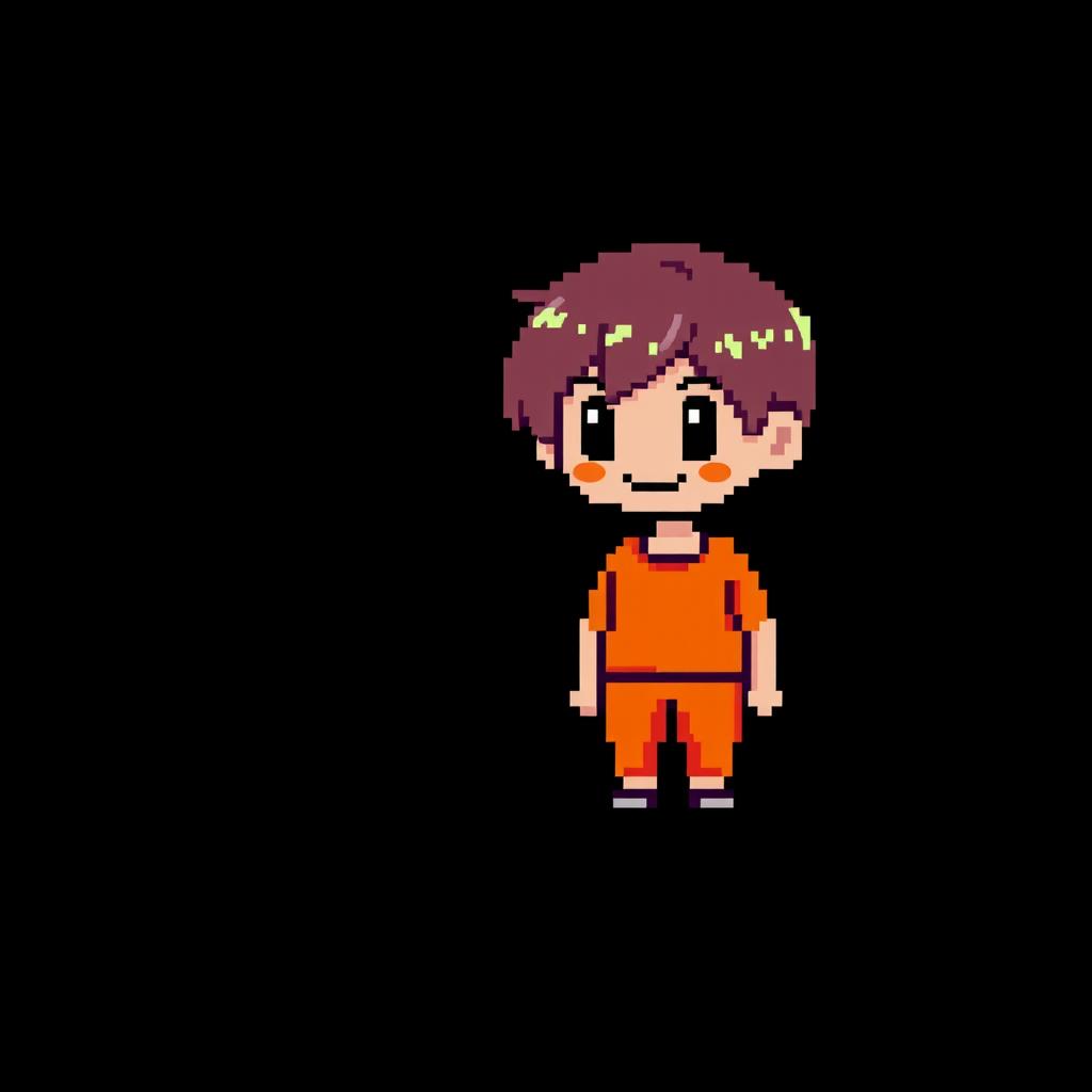 A small pixelated image with a resolution of 18x18 depicting a person with short hair, wearing vibrant orange clothing