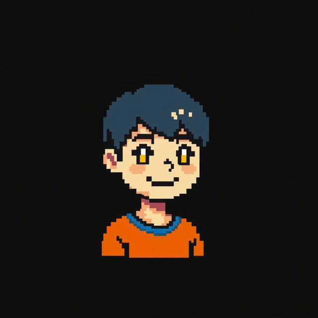 A small pixelated image with a resolution of 18x18 depicting a person with short hair, wearing vibrant orange clothing