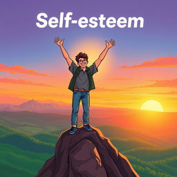 A vibrant illustration symbolizing self-esteem, featuring a confident person standing tall on a mountain peak during sunset, arms raised in triumph