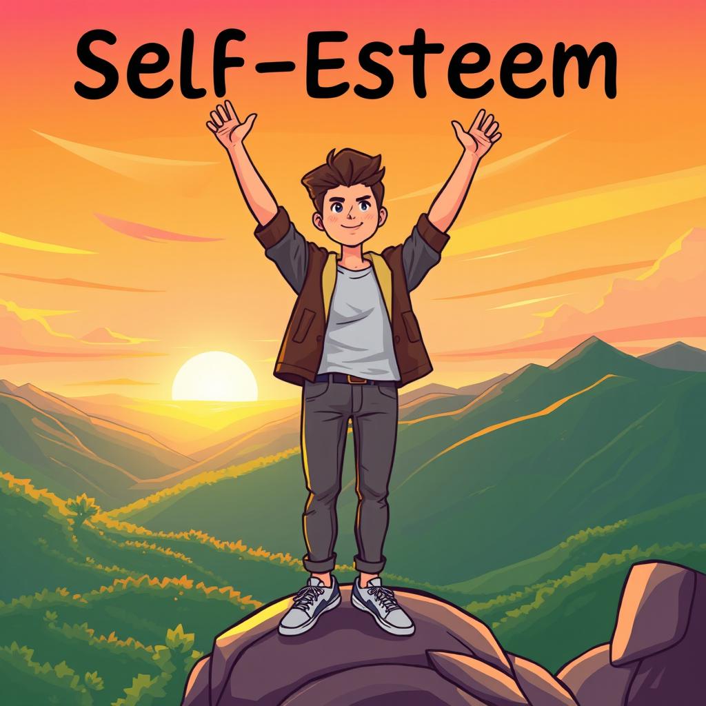 A vibrant illustration symbolizing self-esteem, featuring a confident person standing tall on a mountain peak during sunset, arms raised in triumph