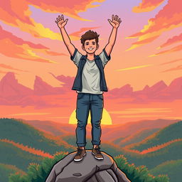 A vibrant illustration symbolizing self-esteem, featuring a confident person standing tall on a mountain peak during sunset, arms raised in triumph