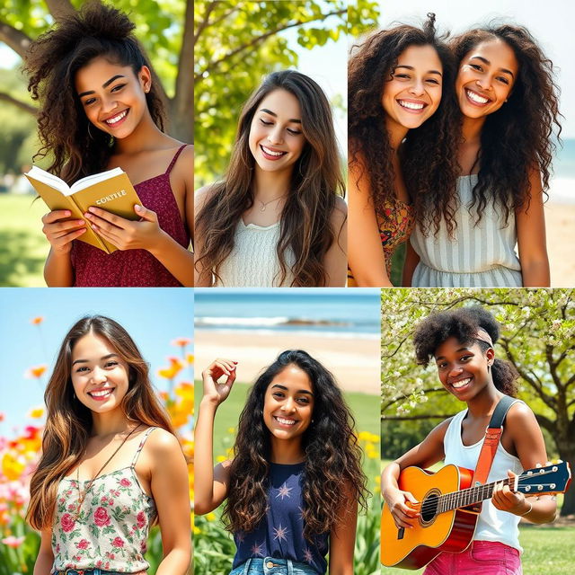 A collection of portraits featuring diverse young women of various ethnicities, in natural settings