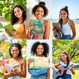 A collection of portraits featuring diverse young women of various ethnicities, in natural settings