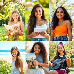 A collection of portraits featuring diverse young women of various ethnicities, in natural settings