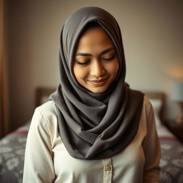 A portrait of a Malay mature woman wearing a hijab and a slim fit blouse