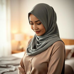 A portrait of a Malay mature woman wearing a hijab and a slim fit blouse