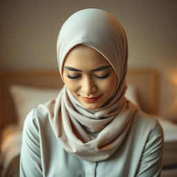 A portrait of a Malay mature woman wearing a hijab and a slim fit blouse