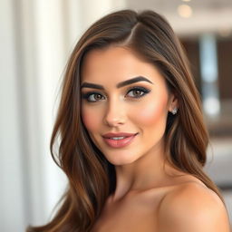 A glamorous young woman with full, plump lips enhanced by lip fillers, and a chiseled jawline accentuated with jawline fillers