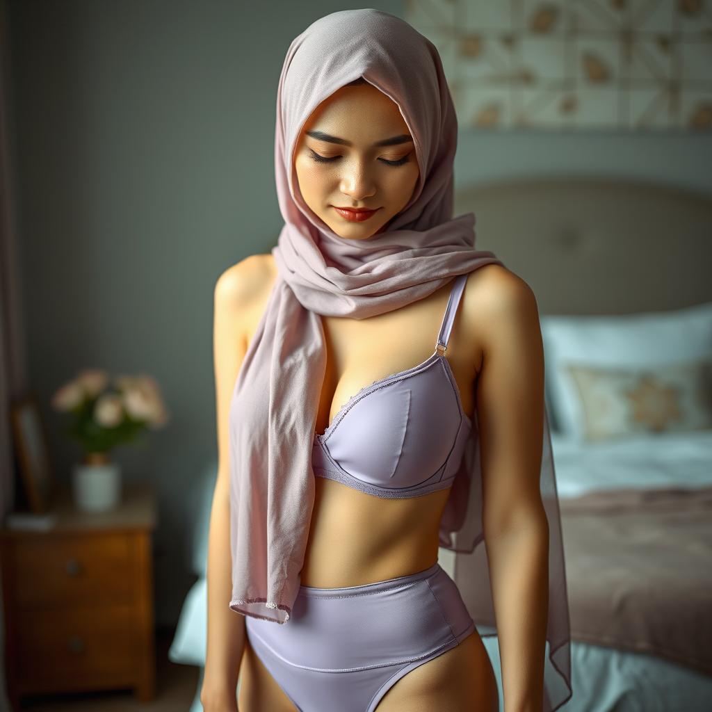 A portrait of a Malay woman in a hijab, wearing a soft purple bra and panties