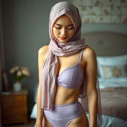 A portrait of a Malay woman in a hijab, wearing a soft purple bra and panties