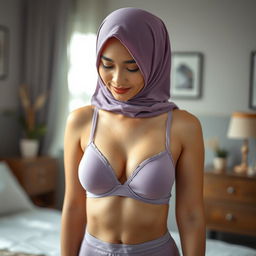 A portrait of a Malay woman in a hijab, wearing a soft purple bra and panties