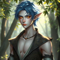 A male half-elf with pale skin that has a bronze sheen, featuring a slender physique