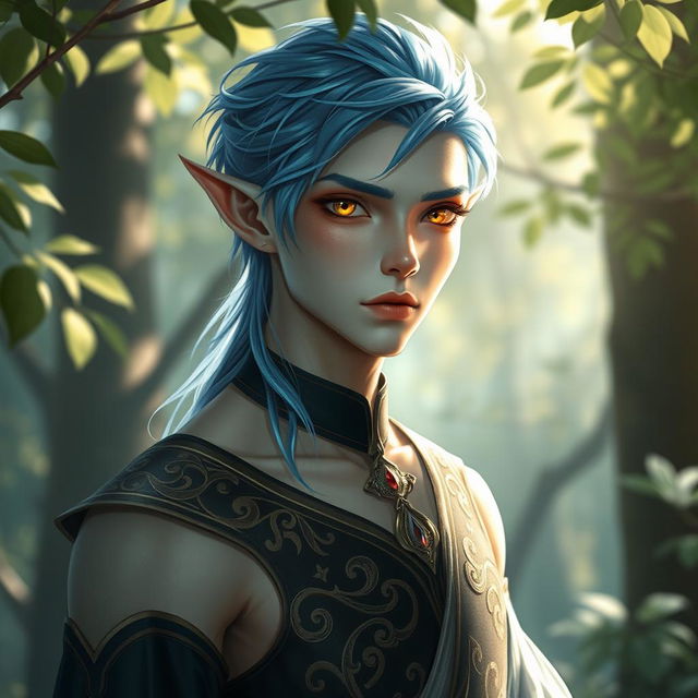 A male half-elf with pale skin that has a bronze sheen, featuring a slender physique