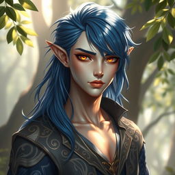 A male half-elf with pale skin that has a bronze sheen, featuring a slender physique