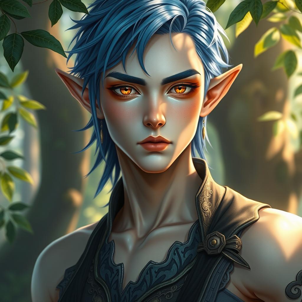 A male half-elf with pale skin that has a bronze sheen, featuring a slender physique