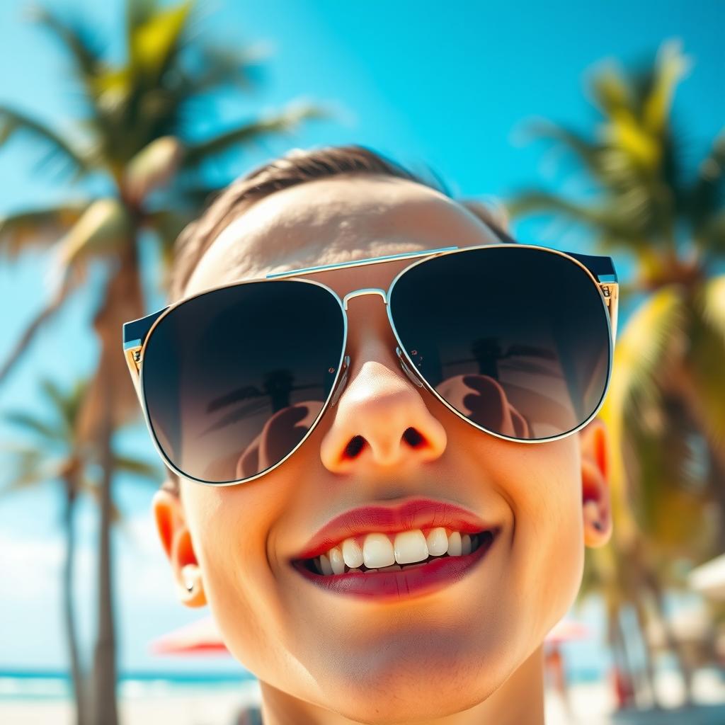 A close-up portrait of a person wearing stylish sunglasses, highlighting the reflections in the lenses