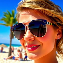 A close-up portrait of a person wearing stylish sunglasses, highlighting the reflections in the lenses