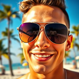 A close-up portrait of a person wearing stylish sunglasses, highlighting the reflections in the lenses