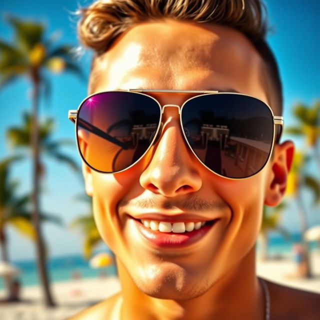 A close-up portrait of a person wearing stylish sunglasses, highlighting the reflections in the lenses