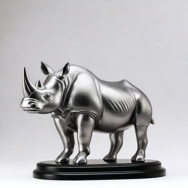 This is a high-quality image of a silver statue of a black rhino, presented with no background