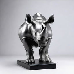 This is a high-quality image of a silver statue of a black rhino, presented with no background