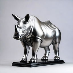 This is a high-quality image of a silver statue of a black rhino, presented with no background